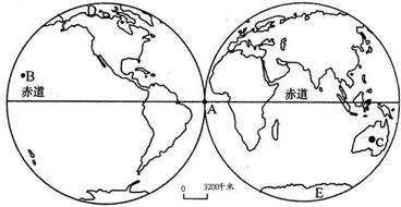 读东西半球图,回答问题(4分)