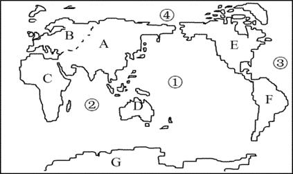 读大洲大洋分布图完成下列要求:(17分,每空1分)